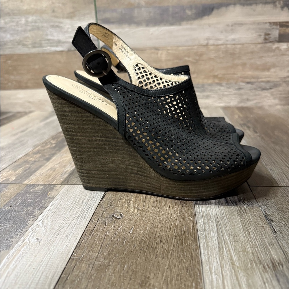 COACH Jaklyn Perforated Leather Platform Wedge Open Toe Slingback Sandals 7.5